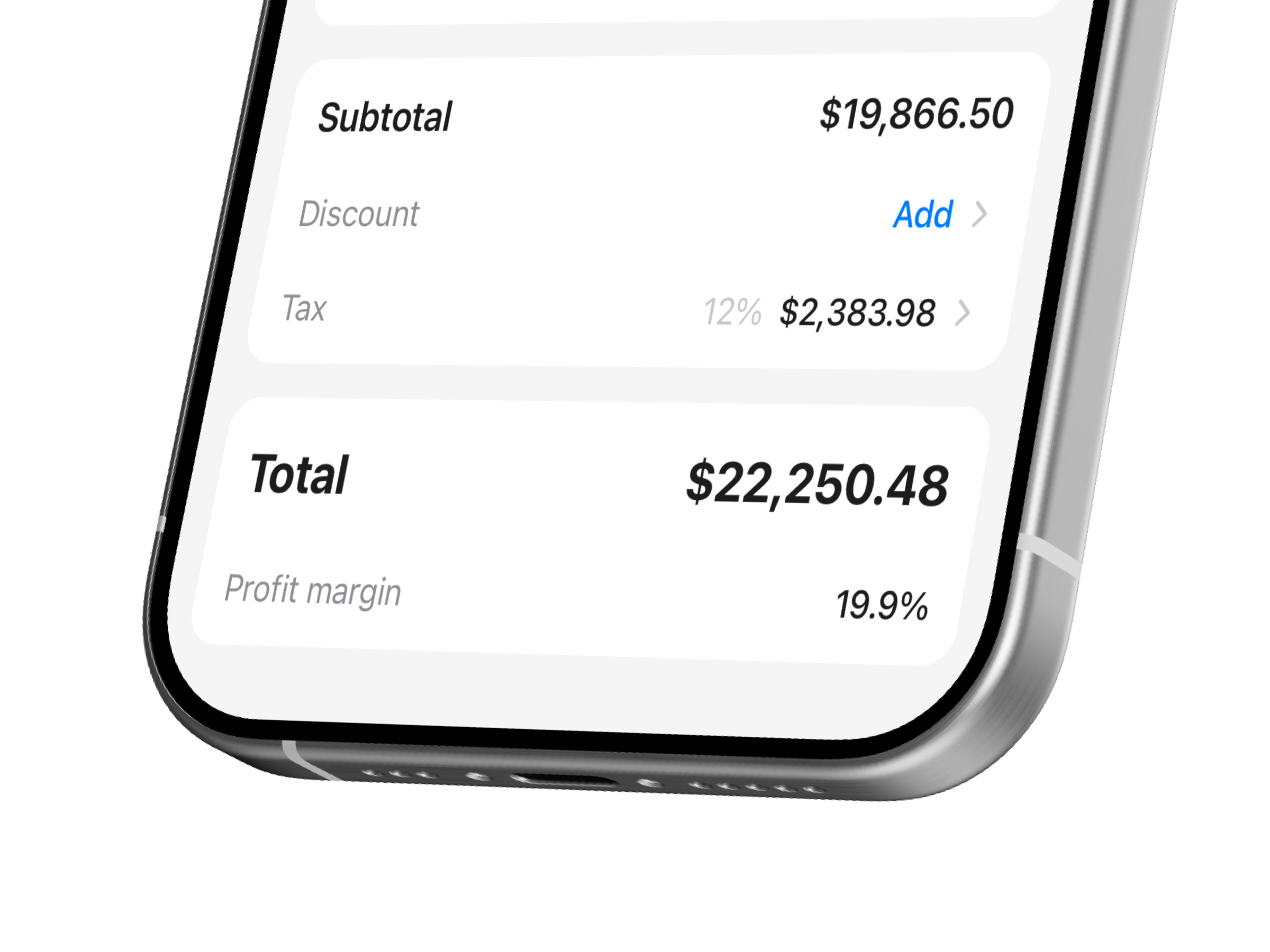 Profit margin calculator showing markup and total profit on estimate
